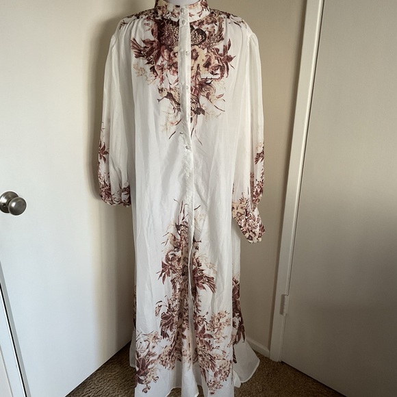Itoo Italy Floral Maxi Shirt Dress Sheer Long Sleeve Belted Size Large - Picture 5 of 11
